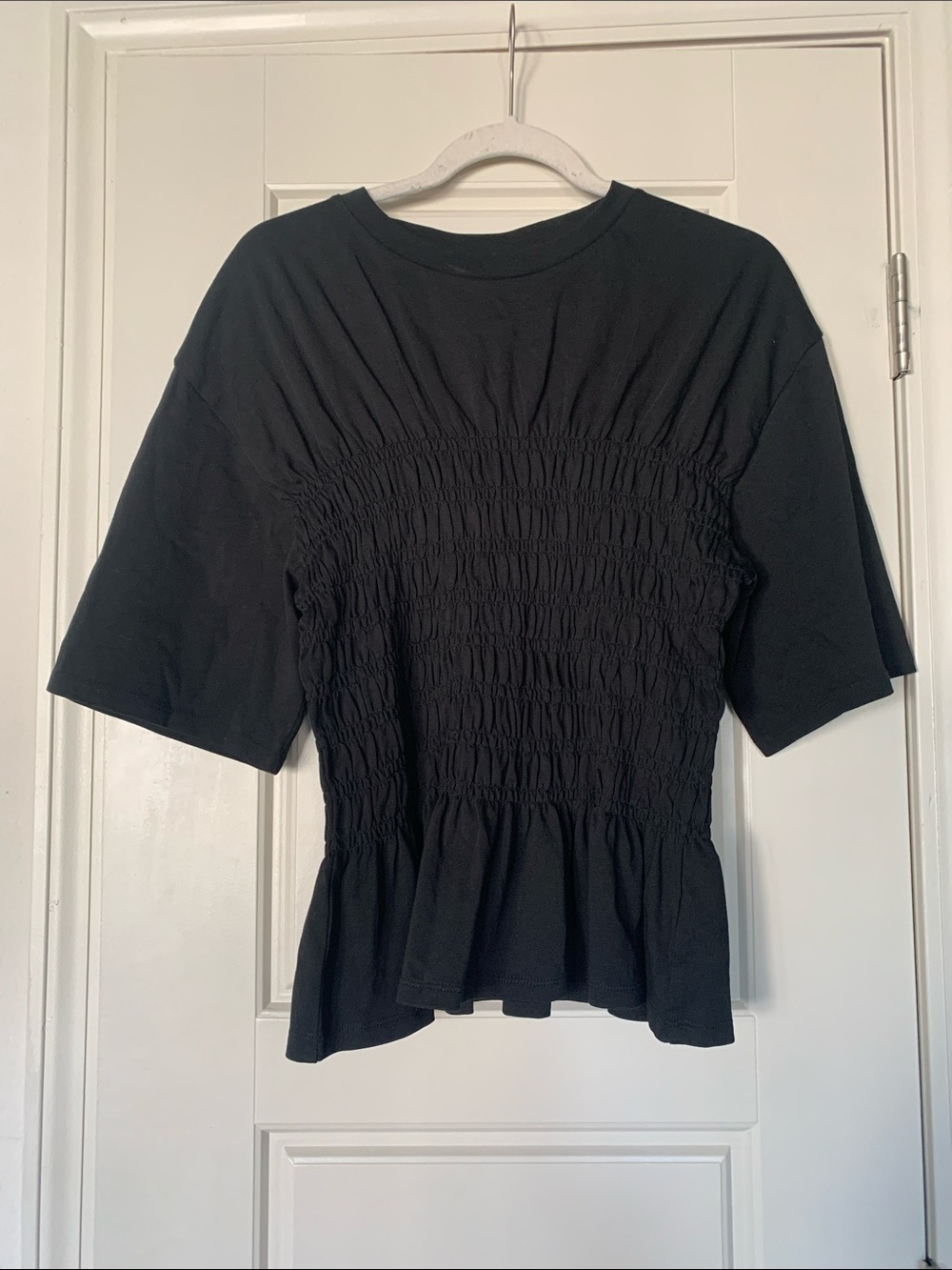 & Other Stories Black Smocked Short Sleeve Top L